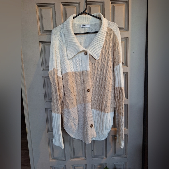 Sonoma Cotton Cardigan SzL Tan/Creme Block Colors Curved Hem Collar Long Sleeves - Picture 1 of 9